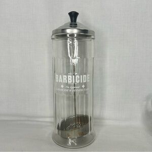 Vtg. Barbicide Glass Disinfectant Jar with Silver Lid & Strainer 12”x3” Canada